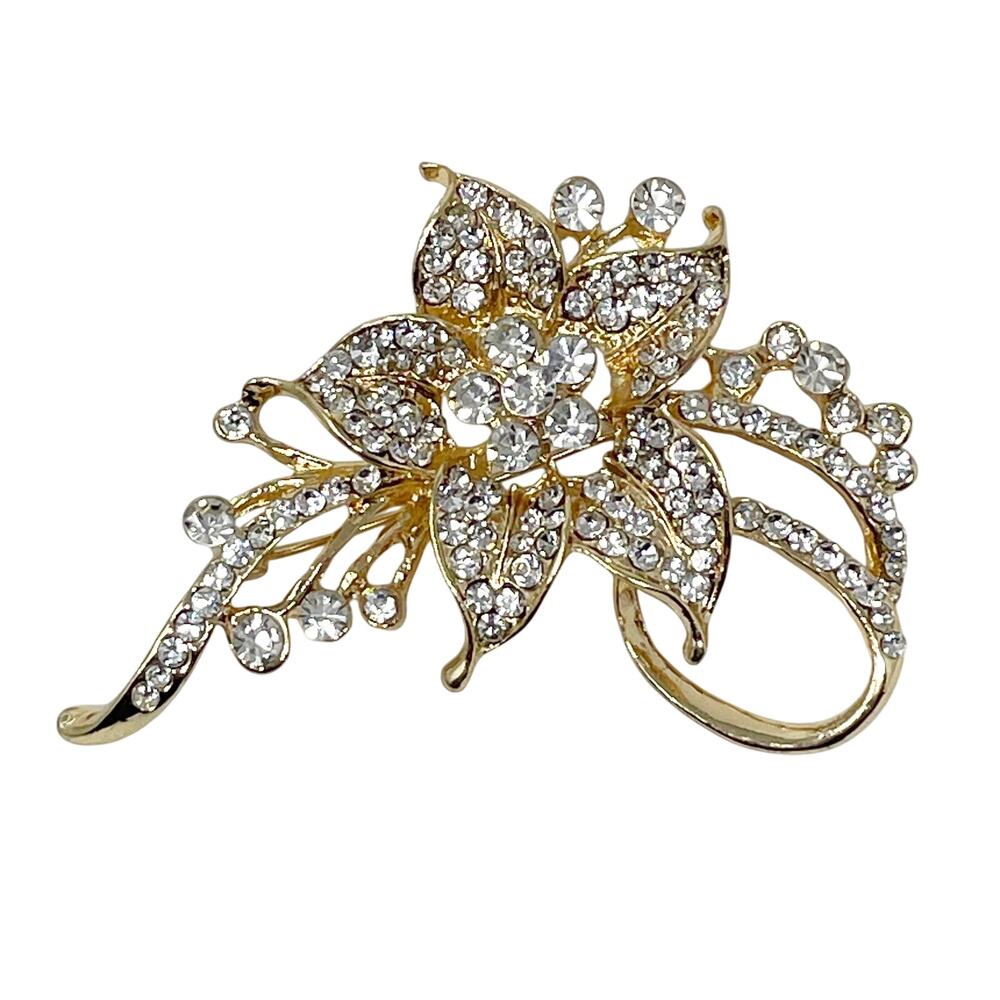 Modern Gold Tone Rhinestone Hibiscus Orchid Flower Brooch Pin Elegant Wedding‎